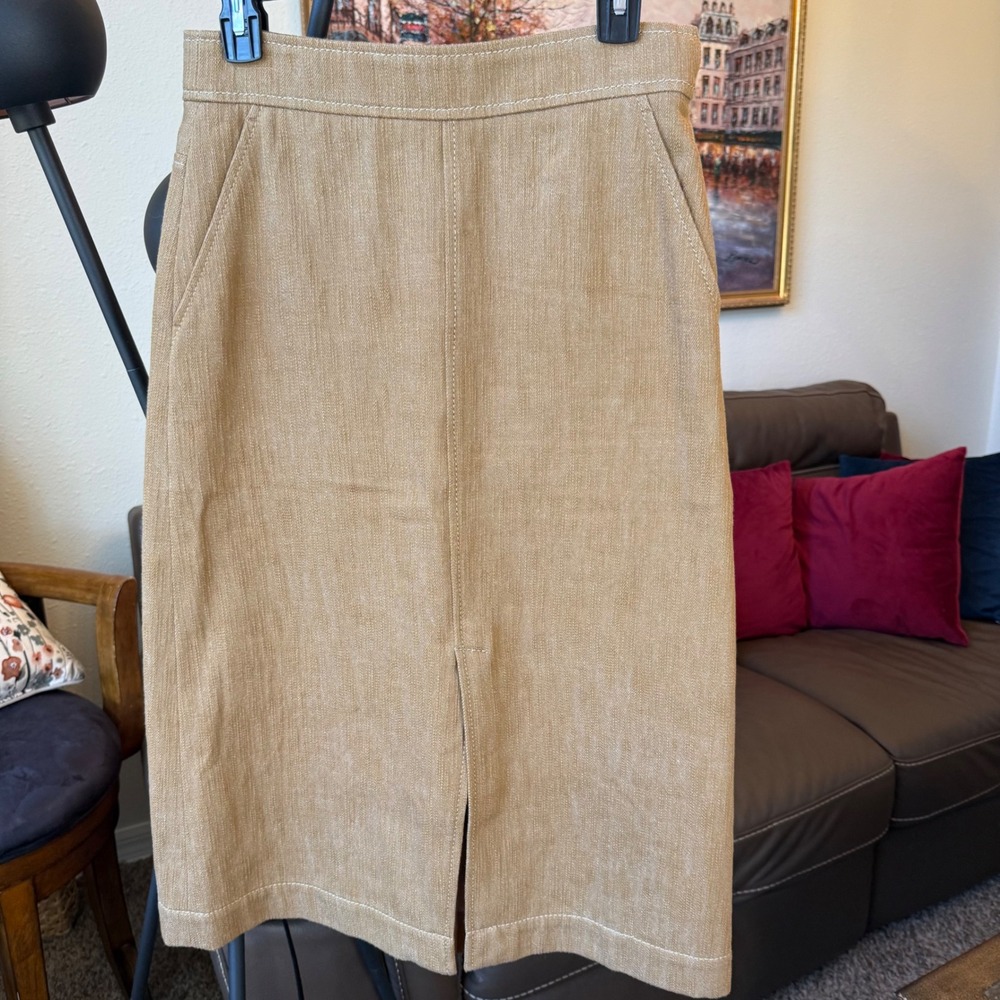 Akris Punto Tan Cotton Wool Blend Midi Skirt Front Slit Pockets US 4